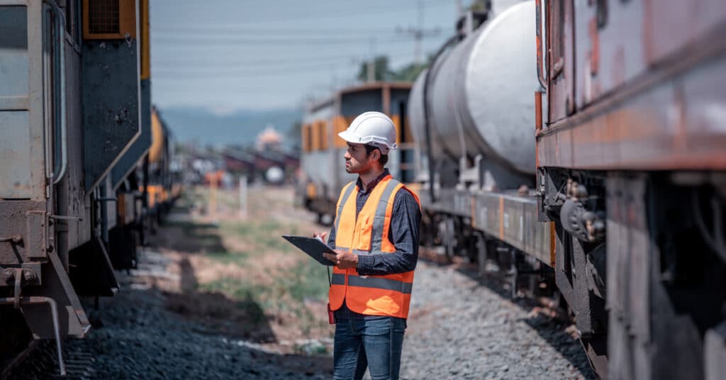 A man wearing a white hard hat and orange safety vest inspects a railcar in a railyard.