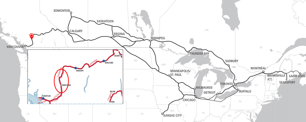 Map of the Canadian Pacific network with a washout related network disruption near Vancouver highlighted.