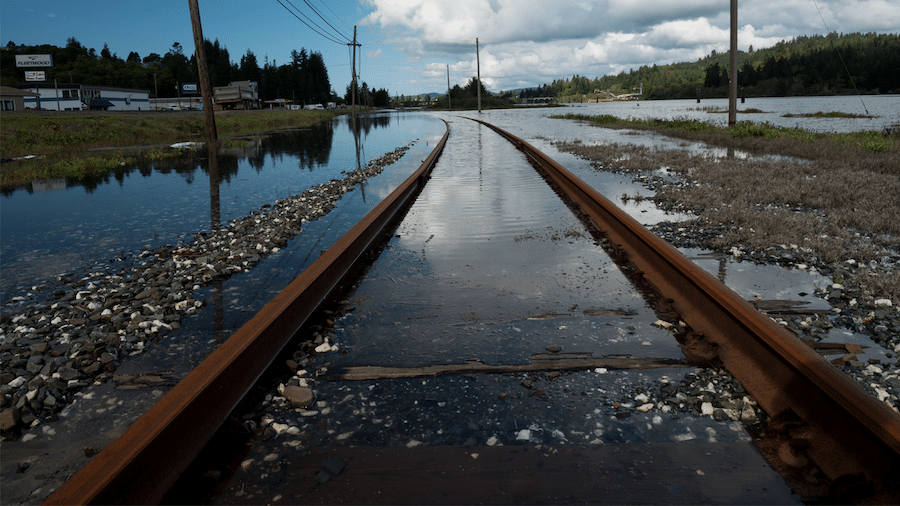 Train tracks under water in Oregon.