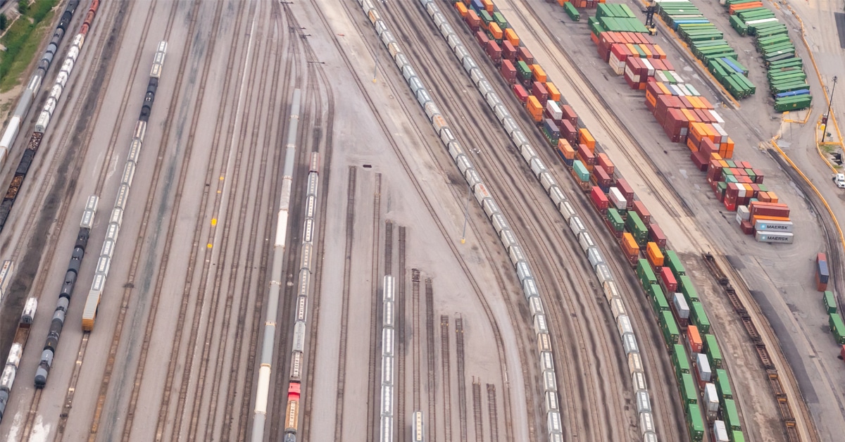 Aerial view of an Intermodel rail yard.
