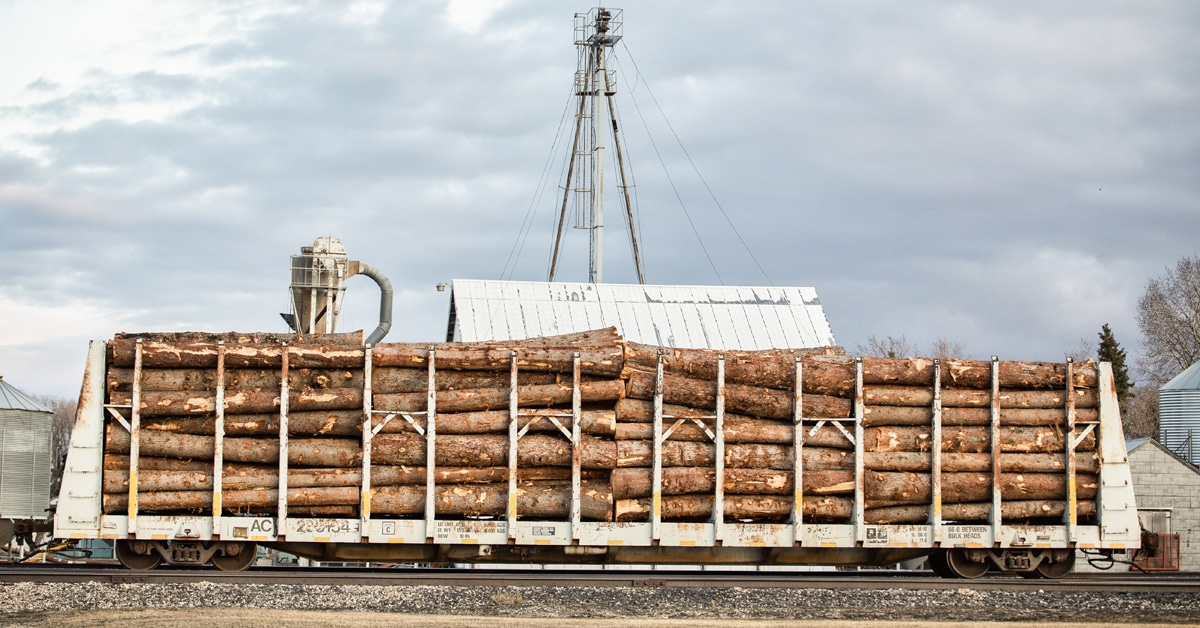A rail flatcar with piles of lumber stored on it.