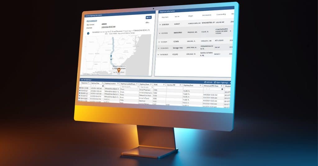Rail Command, RSI Logistics' rail TMS rail software, on a desktop screen with blue and orange highlight colors.