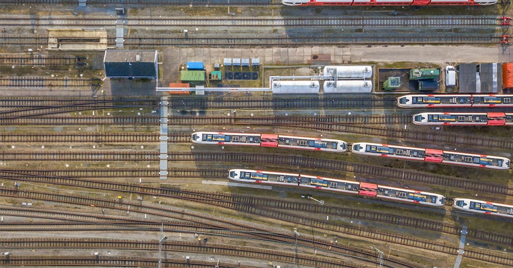 Trains at a railroad yard.