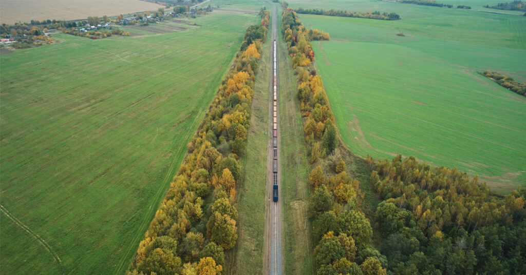 Aerial view of a train on tracks that run between two lines of trees in green farmland.