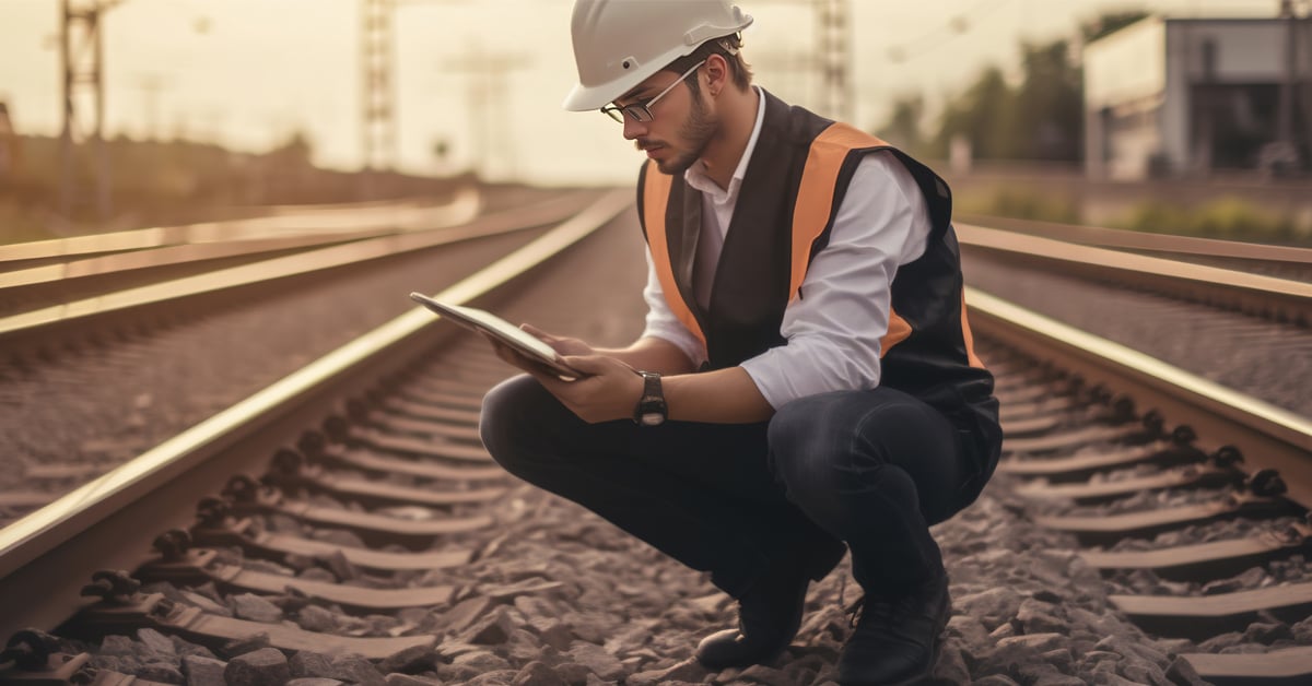 Railway Engineer at work monitoring and analyzing data inspection, track systems with tablet.