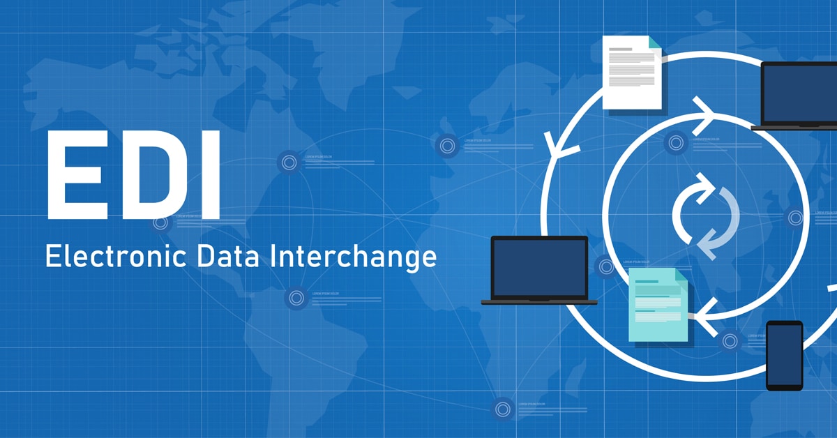 Graphic representing Electronic Data Interchange (EDI) with laptops, phones, and files in a circular motion.