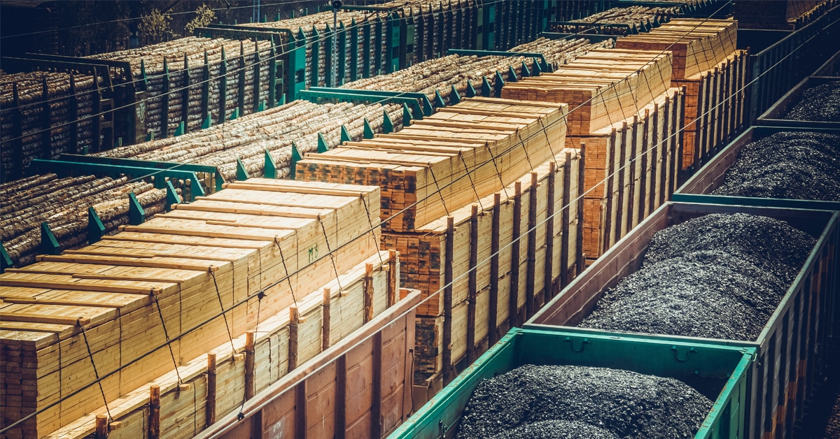 Wood planks, wood logs, and coal are stored in a series of rail freight cars.