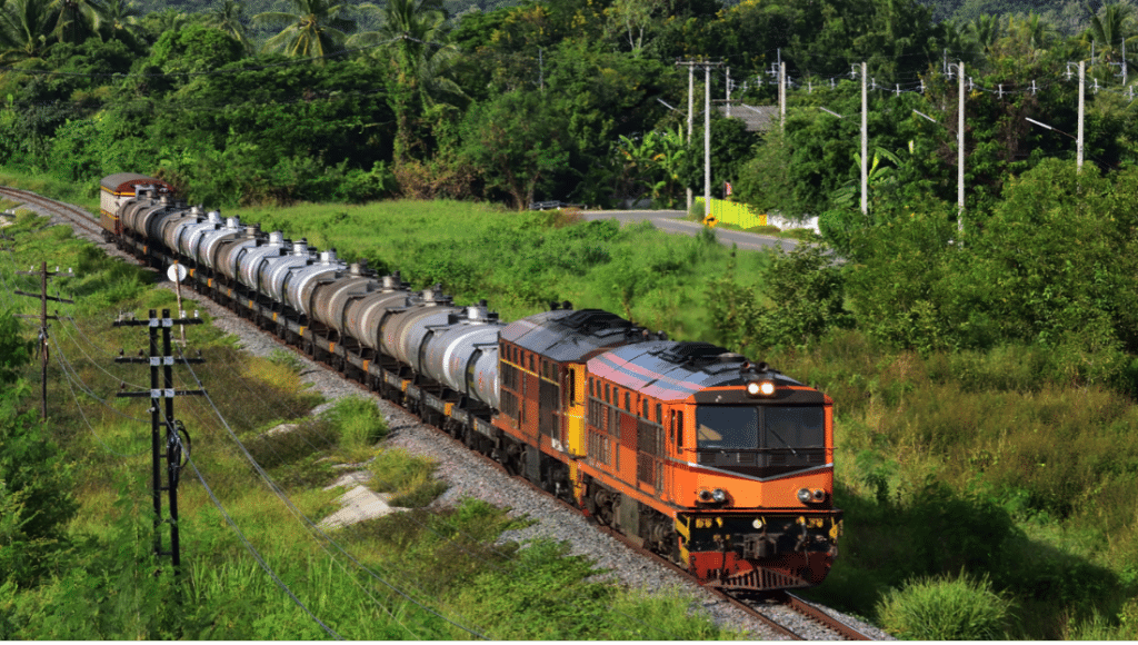 An orange train with tank cars behind.