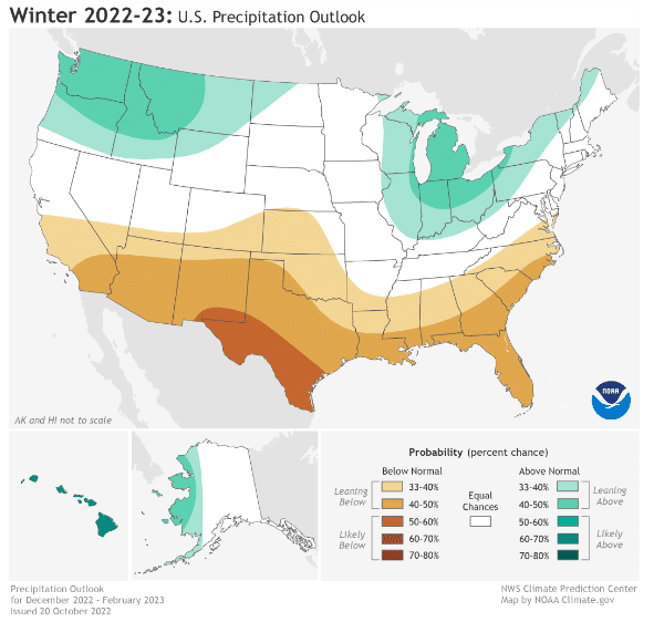 A map of the United States showing the Winter 2022 precipitation outlook.